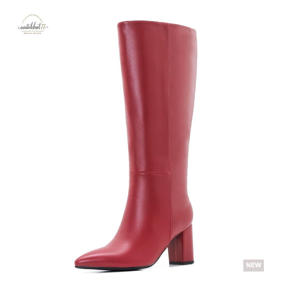 Wide Calf Knee High Boots Women Plus Size Chunky Heel Pointed Toe Leather
